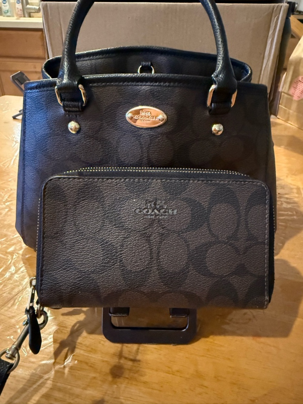 Coach Black Signature Satchel with Matching Black Zip Wallet